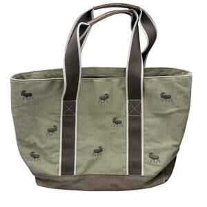 Vintage LL Bean Boat and Tote Canvas Bag Brown With Moose Design, Leather Trim